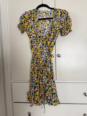 Diane Von Furstenberg Yellow Floral Wrap Mini Dress with Pink & Blue Flowers